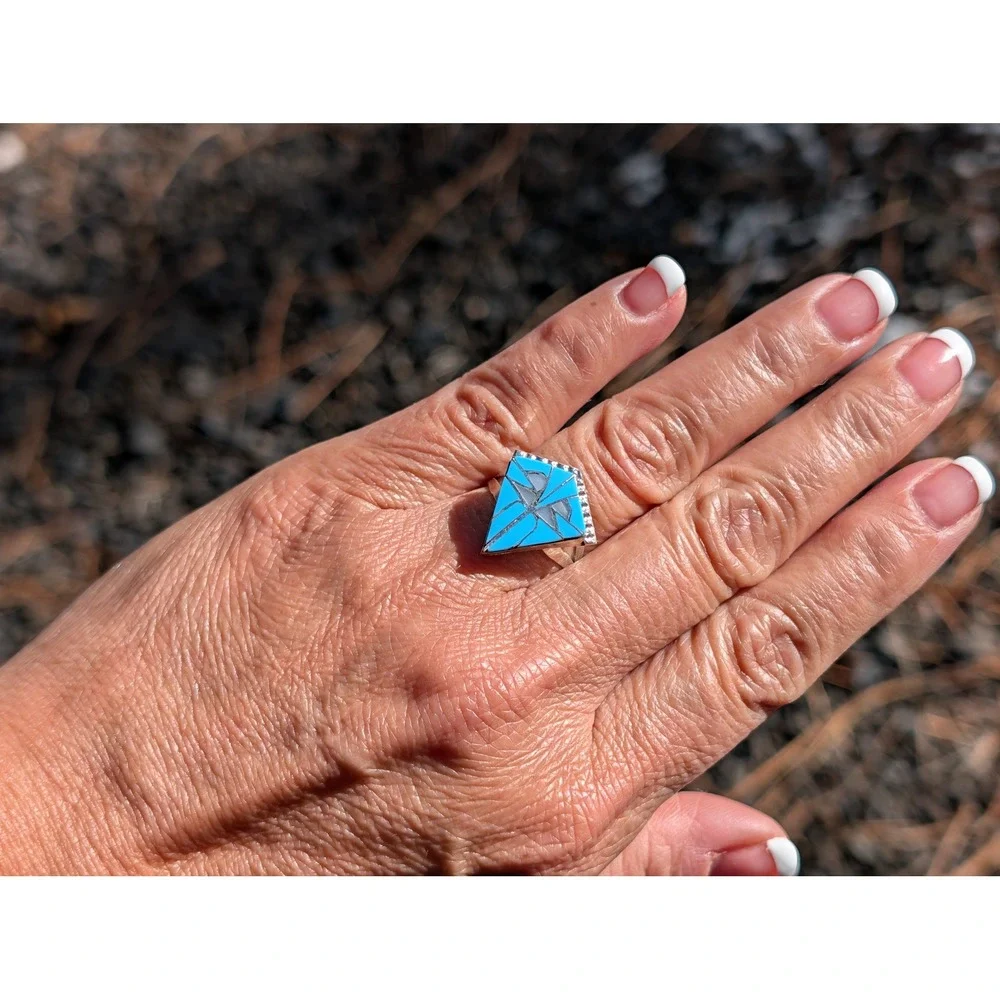 Handmade Zuni Inlay Ring D. Quam Sterling Silver Native American Jewelry sz 8 **